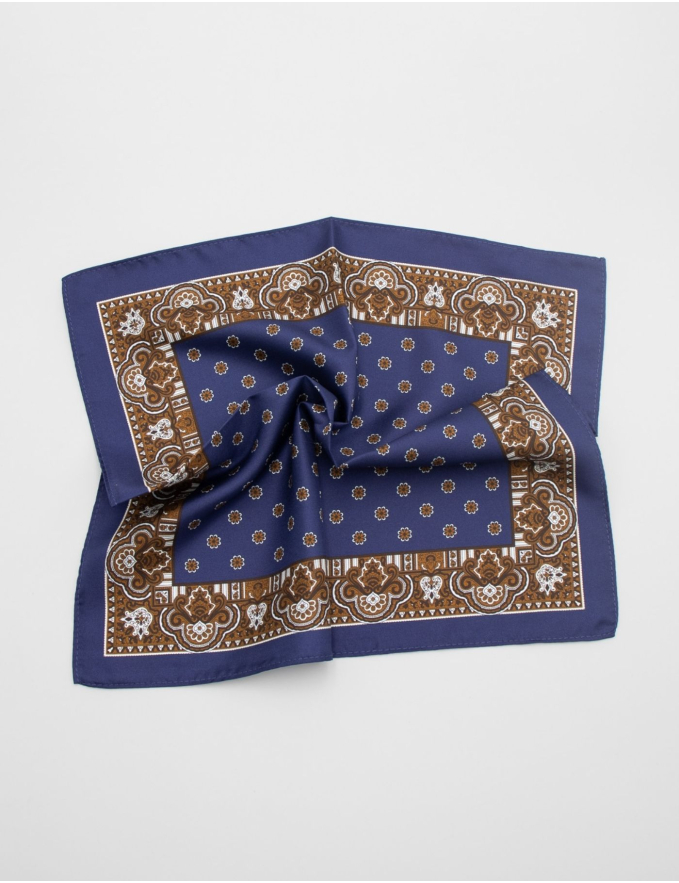 LENÇO DE BOLSO EM SEDA AZUL E CASTANHO