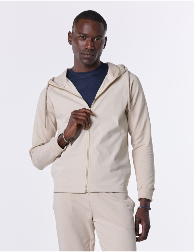 CASACO COM CAPUZ DE TECIDO TÉCNICO E MALHA BEGE