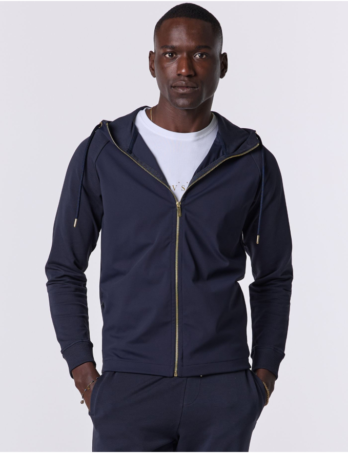 CASACO COM CAPUZ DE TECIDO TÉCNICO E MALHA AZUL MARINHO