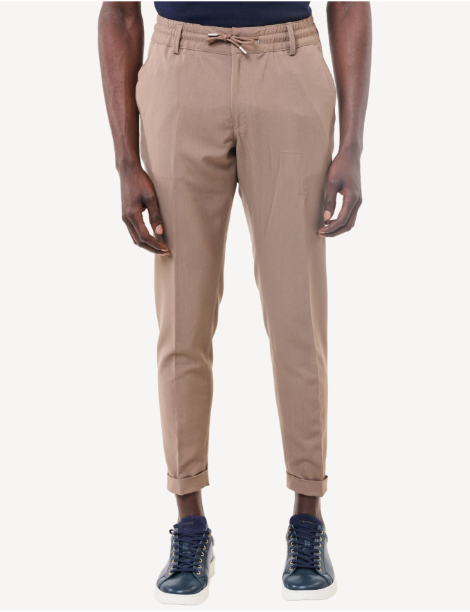 CALÇA DE TECIDO COM CORDÃO CROPPED FIT BEGE ESCURO