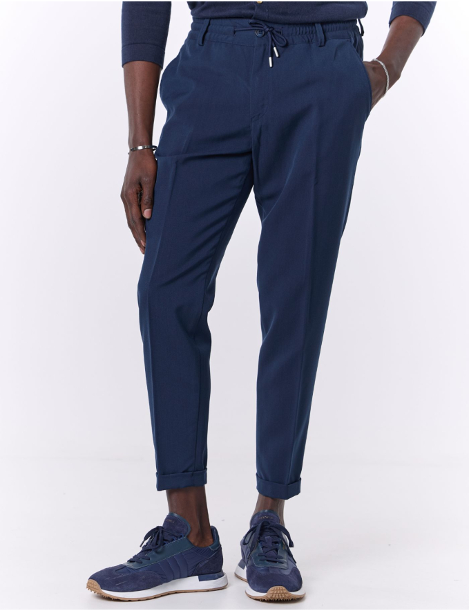 CALÇA DE TECIDO COM CORDÃO CROPPED FIT AZUL MARINHO