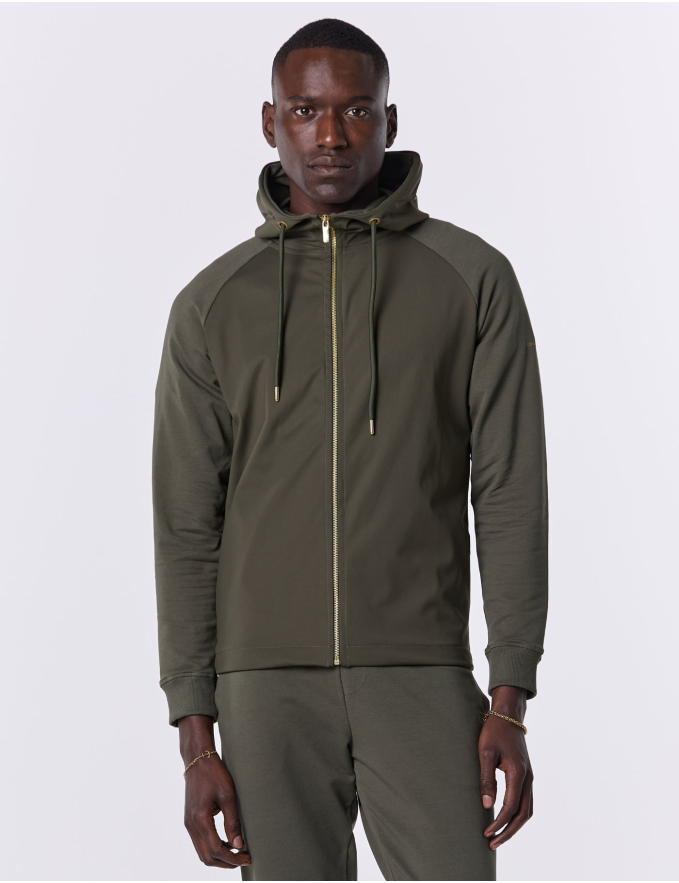 CASACO COM CAPUZ DE TECIDO TÉCNICO E MALHA VERDE KAKI